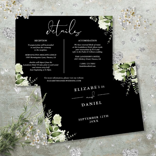 Black White Greenery Wedding Details Information Invitation (Black White Greenery Wedding Details Info Card)