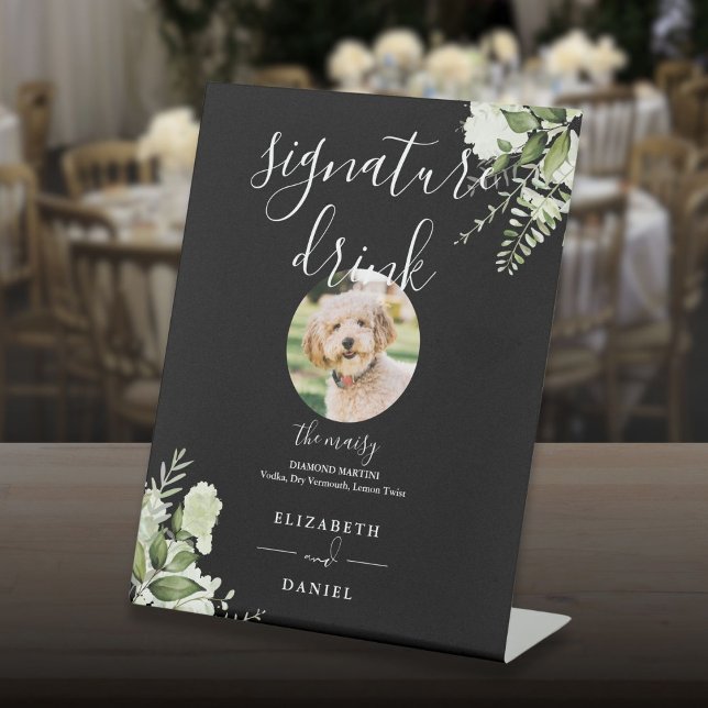Black White Greenery Wedding Pet Signature Drink Pedestal Sign (Black White Greenery Wedding Pet Signature Drink Pedestal Sign)