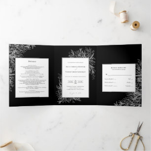 Black White Greenery Wedding Tri-Fold Invitation