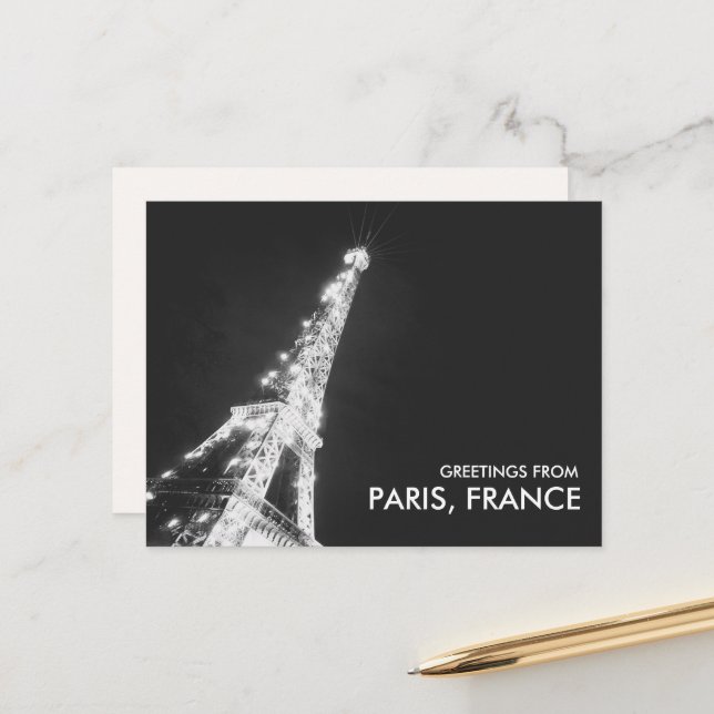 Black & White Greetings from Paris Eiffel Tower Postcard (Front/Back In Situ)