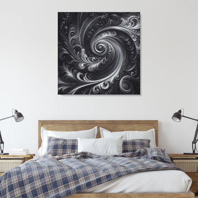 Black White Grey Abstract Modern Simple Swirl Canvas Print (Insitu(Bedroom))
