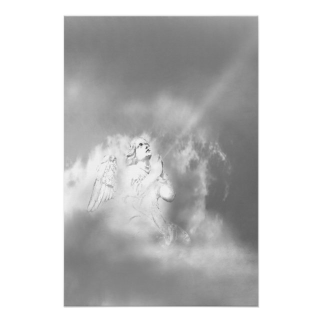  Black White Grey Angel in Clouds Praying Poster (Front)