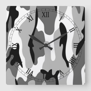 Black White Grey Camouflage Roman Numerals Clock