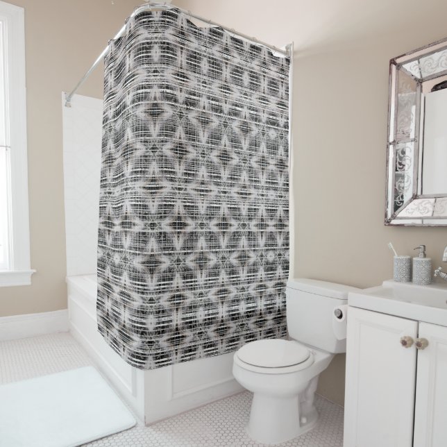 Black, White, & Grey Check Diamond Pattern Shower Curtain (In Situ)