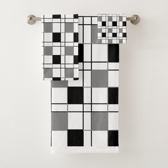 Black White Grey Chequered Bath Towel Set (Insitu)