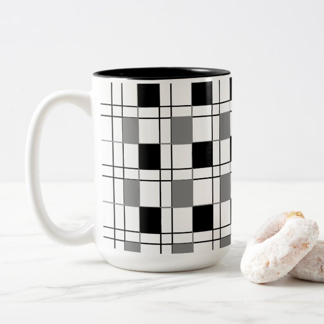 Black White Grey Chequered  Two-Tone Coffee Mug (With Donut)