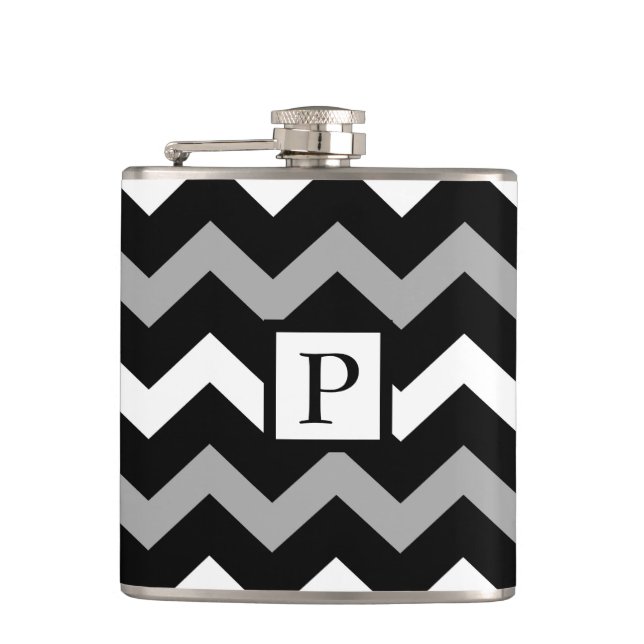 Black White & Grey Chevron Print Pattern Hip Flask (Front)
