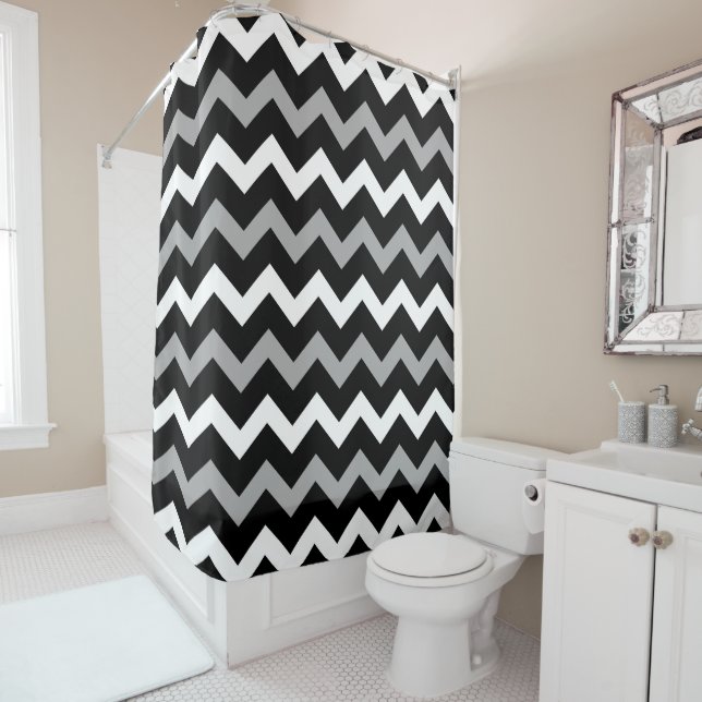 Black White & Grey Chevron Print Pattern Shower Curtain (In Situ)