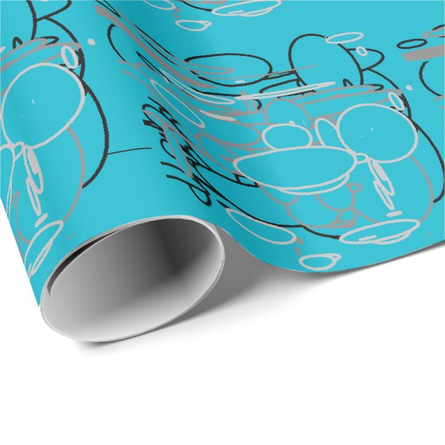 Black White Grey Circles, Neon Blue Background Art Wrapping Paper (Roll Corner)