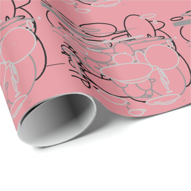 Black White Grey Circles, Pink Background Kids Art Wrapping Paper (Roll Corner)