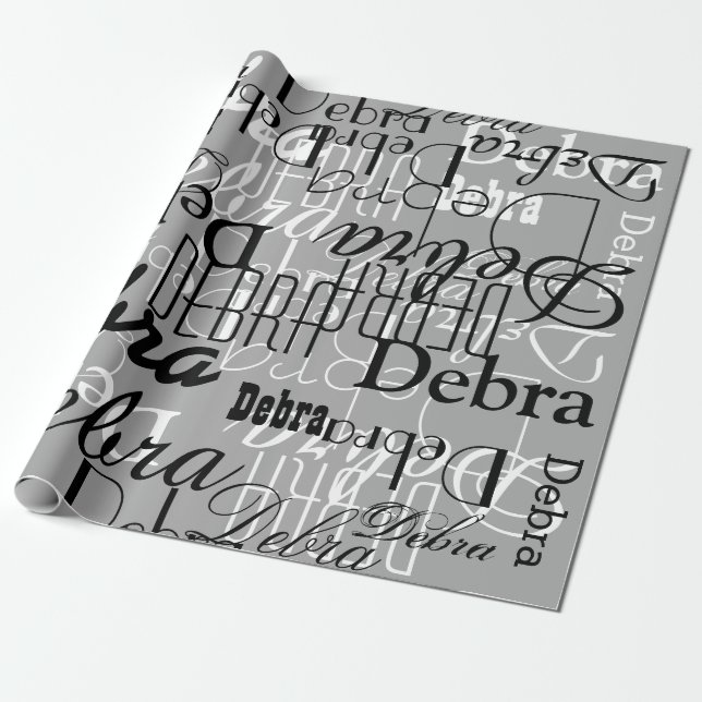black / white / grey custom pattern of names wrapping paper (Unrolled)