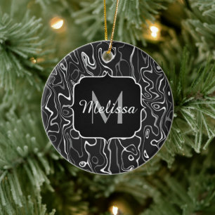 Black white grey damascus abstract swirls Monogram Ceramic Tree Decoration
