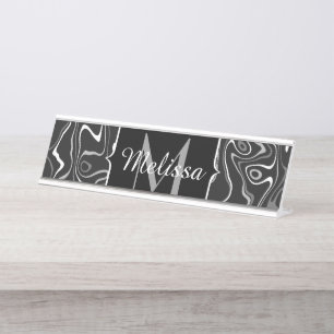 Black white grey damascus abstract swirls Monogram Desk Name Plate