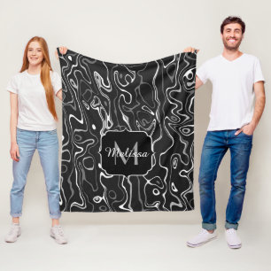 Black white grey damascus abstract swirls Monogram Fleece Blanket