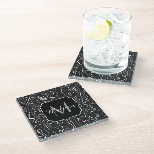 Black white grey damascus abstract swirls Monogram Glass Coaster (Angled)