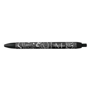Black white grey damascus abstract swirls Monogram Ink Pen