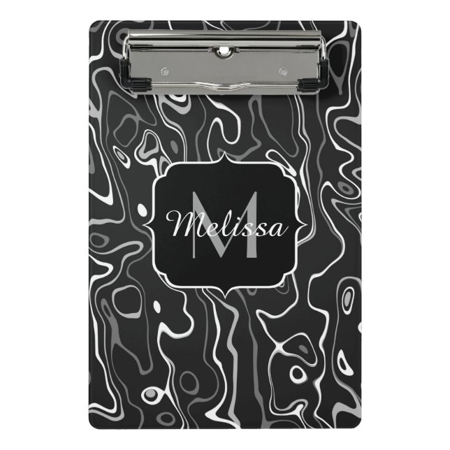 Black white grey damascus abstract swirls Monogram Mini Clipboard (Front)