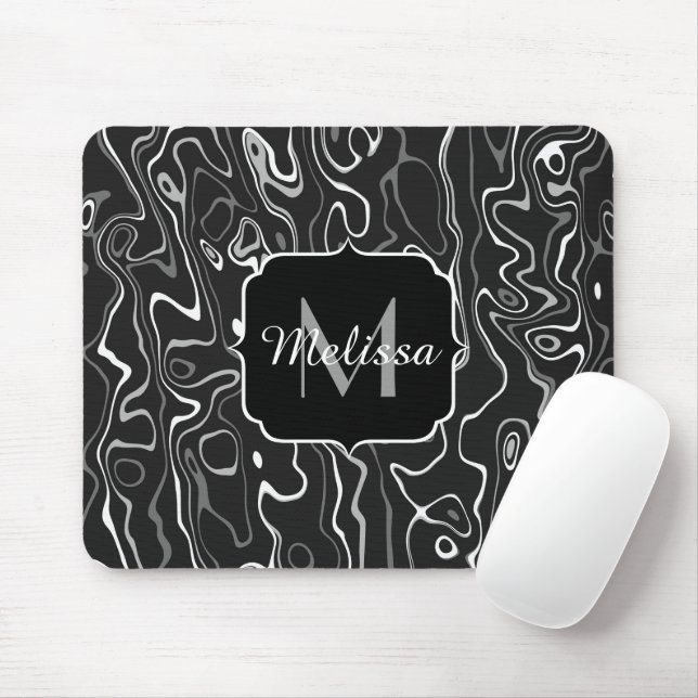 Black white grey damascus abstract swirls Monogram Mouse Mat (With Mouse)