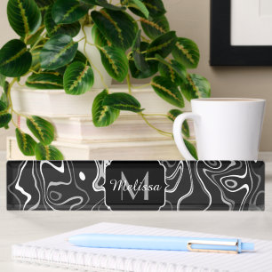 Black white grey damascus abstract swirls Monogram Nameplate
