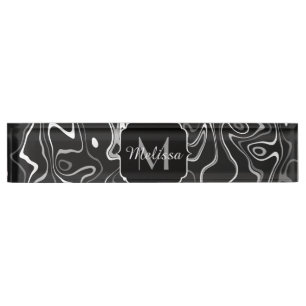 Black white grey damascus abstract swirls Monogram Nameplate