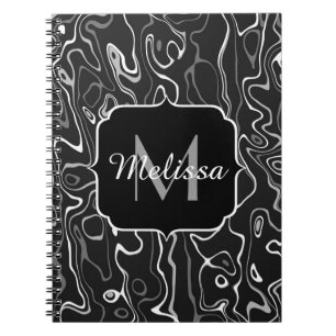 Black white grey damascus abstract swirls Monogram Notebook