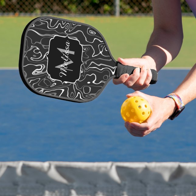 Black white grey damascus abstract swirls Monogram Pickleball Paddle (Insitu)