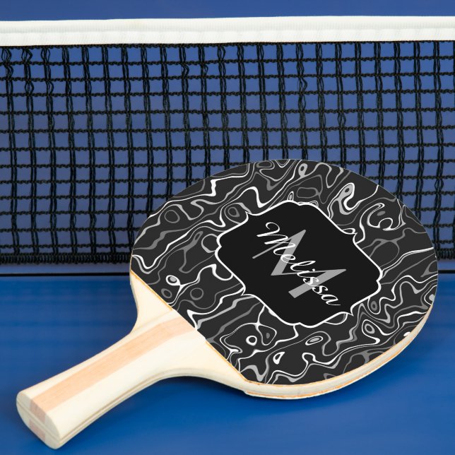 Black white grey damascus abstract swirls Monogram Ping Pong Paddle (Insitu)