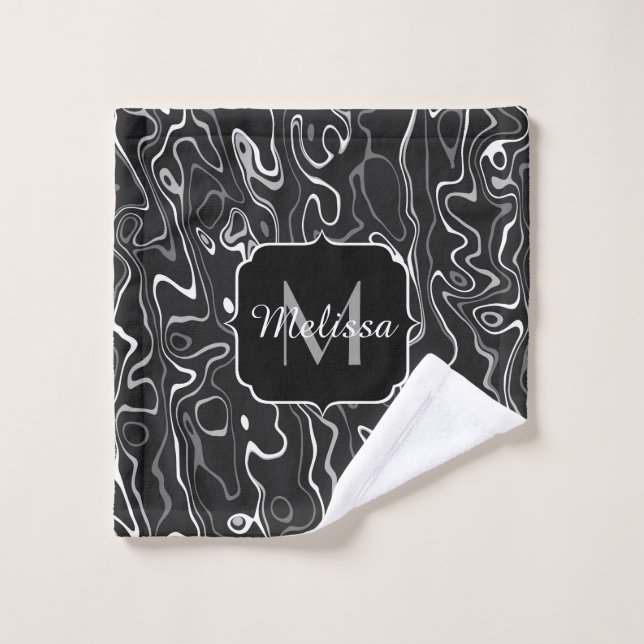 Black white grey damascus abstract swirls Monogram Wash Cloth (Wash Cloth)