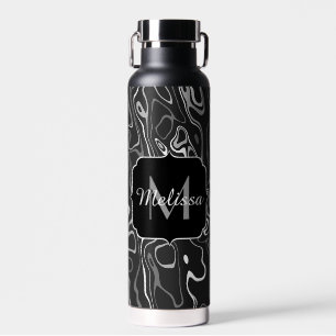 Black white grey damascus abstract swirls Monogram Water Bottle