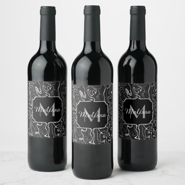 Black white grey damascus abstract swirls Monogram Wine Label (Bottles)