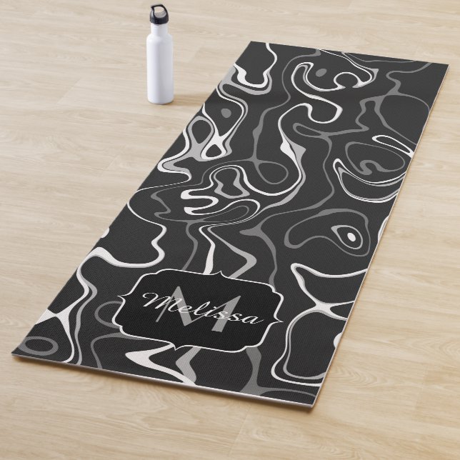 Black white grey damascus abstract swirls Monogram Yoga Mat (In Situ)