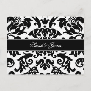 Black white & grey damask Wedding RSVP Invitation Postcard