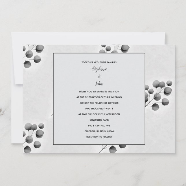 Black White Grey Eucalyptus Leaves Pattern Wedding Invitation (Front)