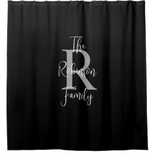 Black White Grey Family Name Monogrammed  Shower Curtain