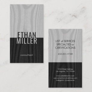 Black White Grey Faux Wood Modern Minimal Vertical Business Card