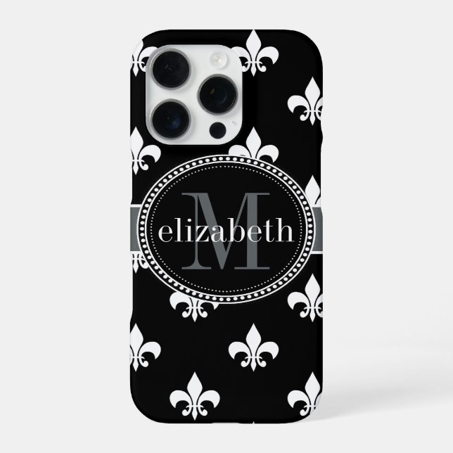 Black White Grey Fleur de Lis Monogram iPhone Case (Back)
