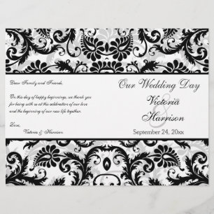 Black, White, Grey Floral Damask Wedding Program