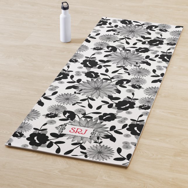 Black White Grey Florals 2-sided Design monogram Y Yoga Mat (In Situ)