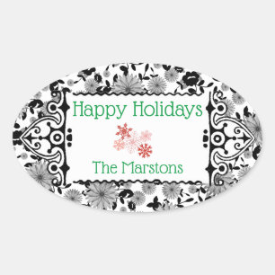 Black White Grey Florals Design Customisable Oval Sticker