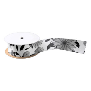 Black White Grey Florals Design Satin Ribbon