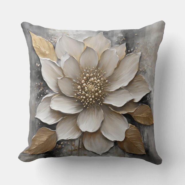 Black White Grey Gold Flower Print Cushion (Front)