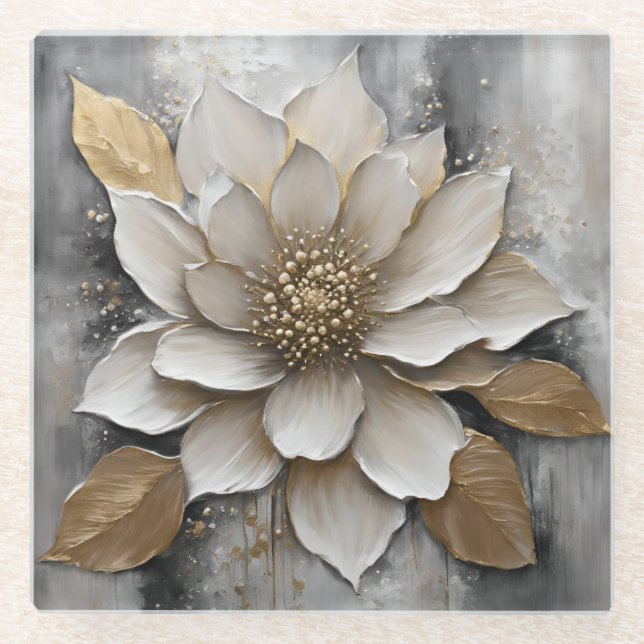 Black White Grey Gold Flower Print Glass Coaster (Front)