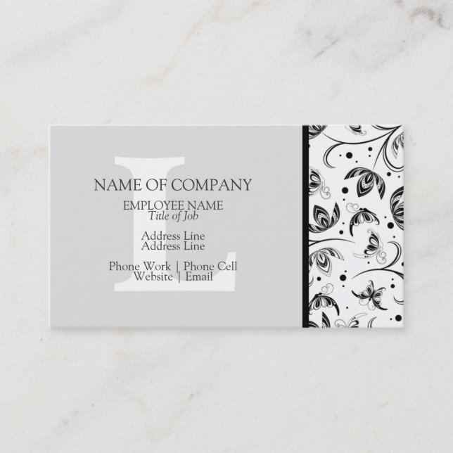 Black White Grey Grey Designer Monogrammed Damask Business Card (Front)