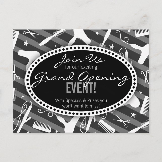 Black White & Grey Hair Salon Grand Opening Invitation Postcard (Front)