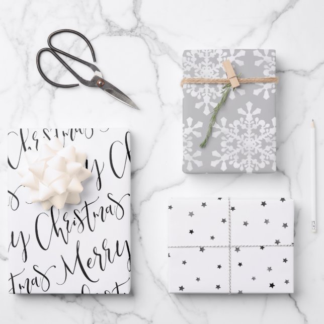 Black white & grey Merry Christmas Snowflakes set Wrapping Paper Sheet (Front)