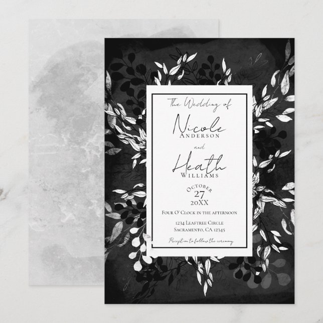 Black White Grey Modern Minimal Floral Wedding    Invitation (Front/Back)