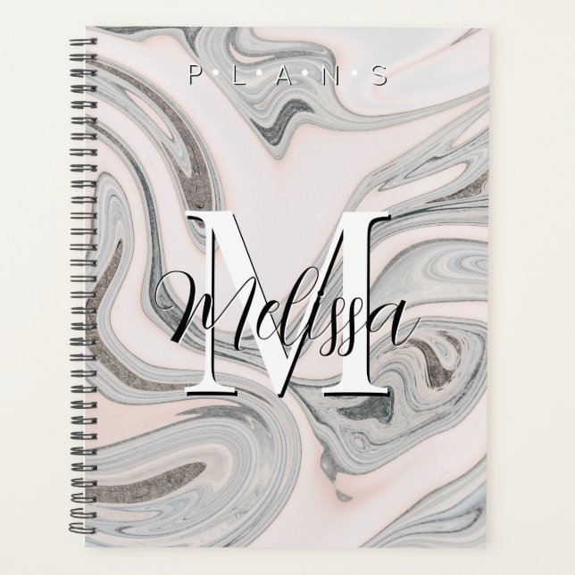 Black White Grey Modern Monogram Abstract Planner (Front)