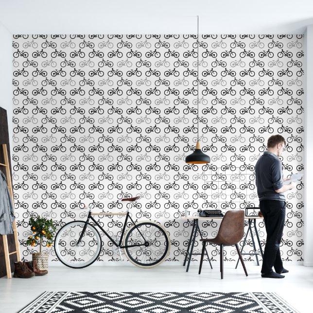 Black White Grey Monochromatic Bicycles Design Wallpaper (Living Room)