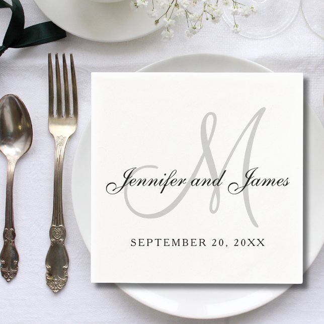 Black White Grey Monogram Elegant Script Wedding Napkin (Creator Uploaded)