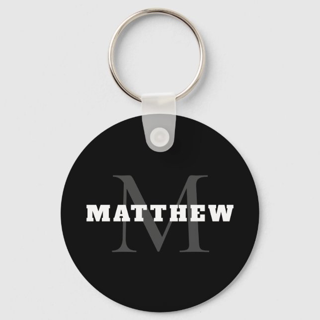 Black White Grey Monogram Name Minimal Key Ring (Front)